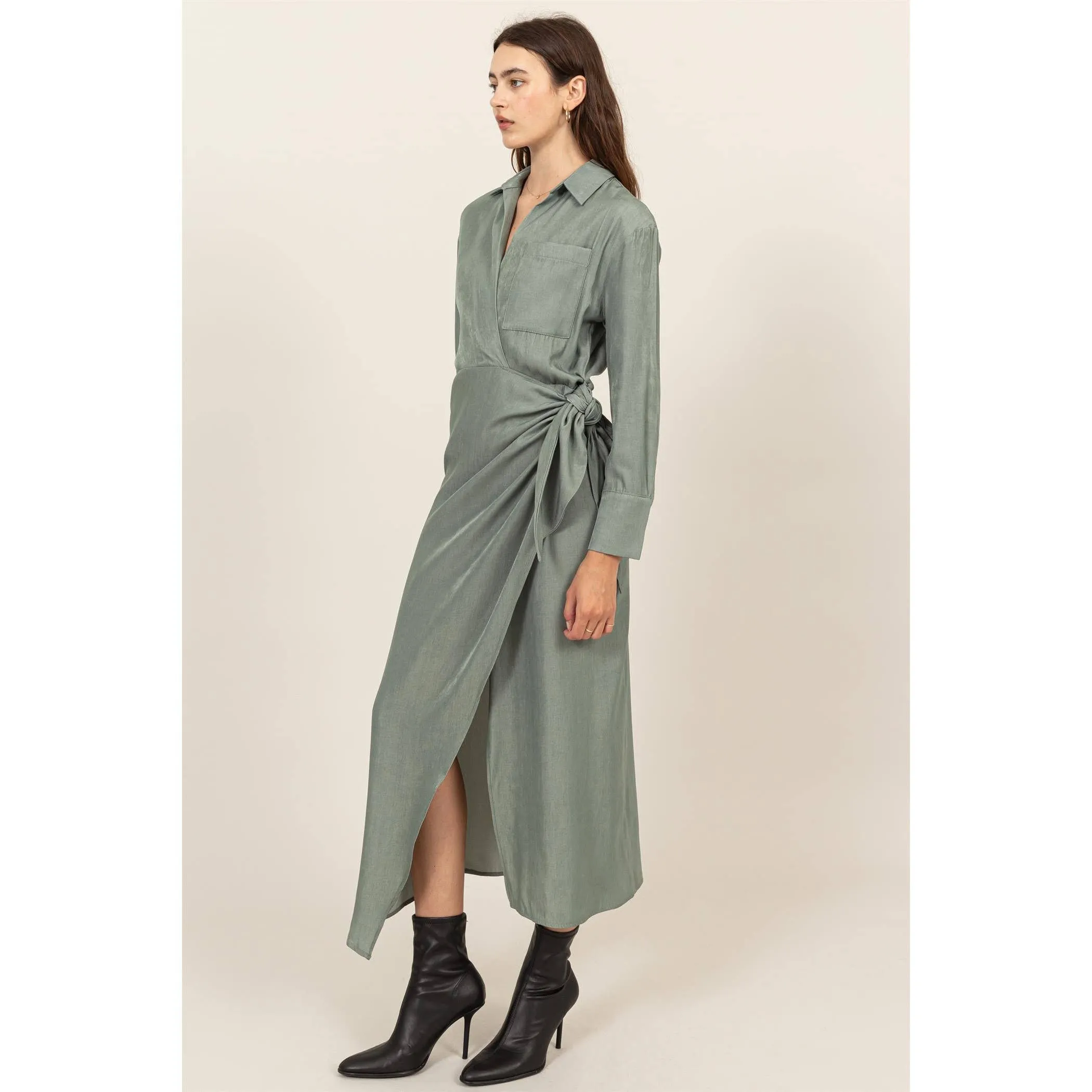 FAUX WRAP SIDE TIE MIDI DRESS - SAGE