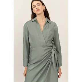 FAUX WRAP SIDE TIE MIDI DRESS - SAGE