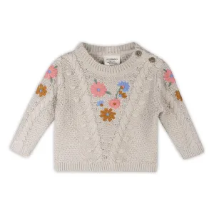 Floral Embroidered Chunky Knit Baby Pullover Sweater in Stone