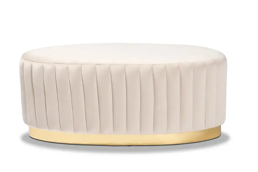 Geneva Beige Velvet Fabric Upholstered/Gold PU Leather Ottoman