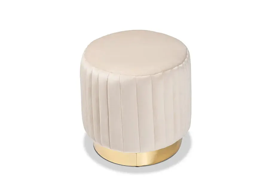 Geneva Beige Velvet Fabric Upholstered/Gold PU Leather Ottoman