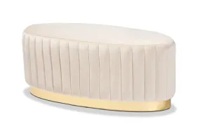 Geneva Beige Velvet Fabric Upholstered/Gold PU Leather Ottoman