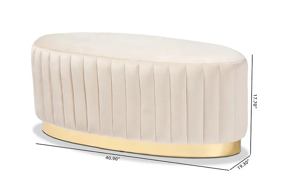 Geneva Beige Velvet Fabric Upholstered/Gold PU Leather Ottoman