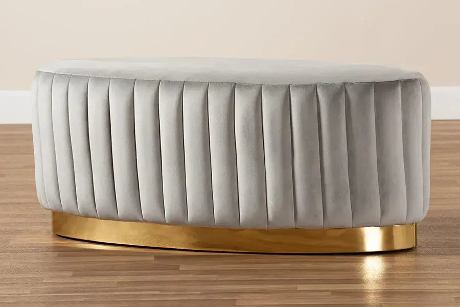 Geneva Grey Velvet Fabric Upholstered/Gold PU Leather Ottoman