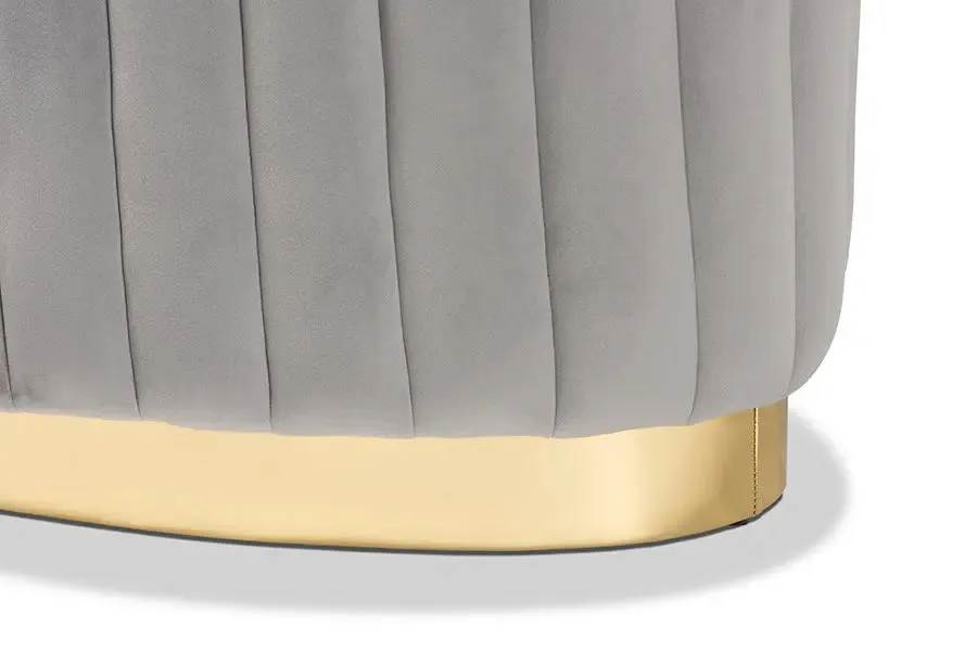 Geneva Grey Velvet Fabric Upholstered/Gold PU Leather Ottoman