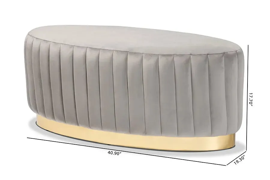 Geneva Grey Velvet Fabric Upholstered/Gold PU Leather Ottoman