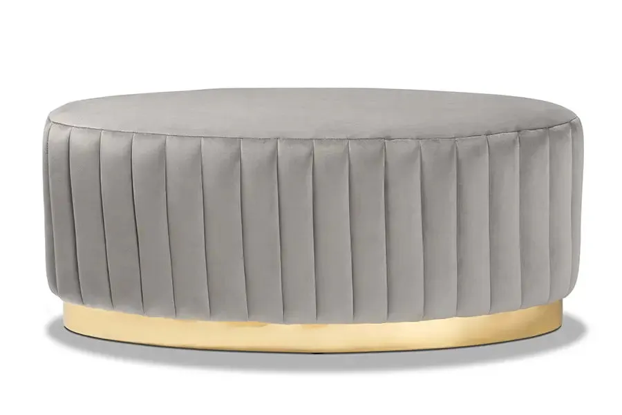 Geneva Grey Velvet Fabric Upholstered/Gold PU Leather Ottoman