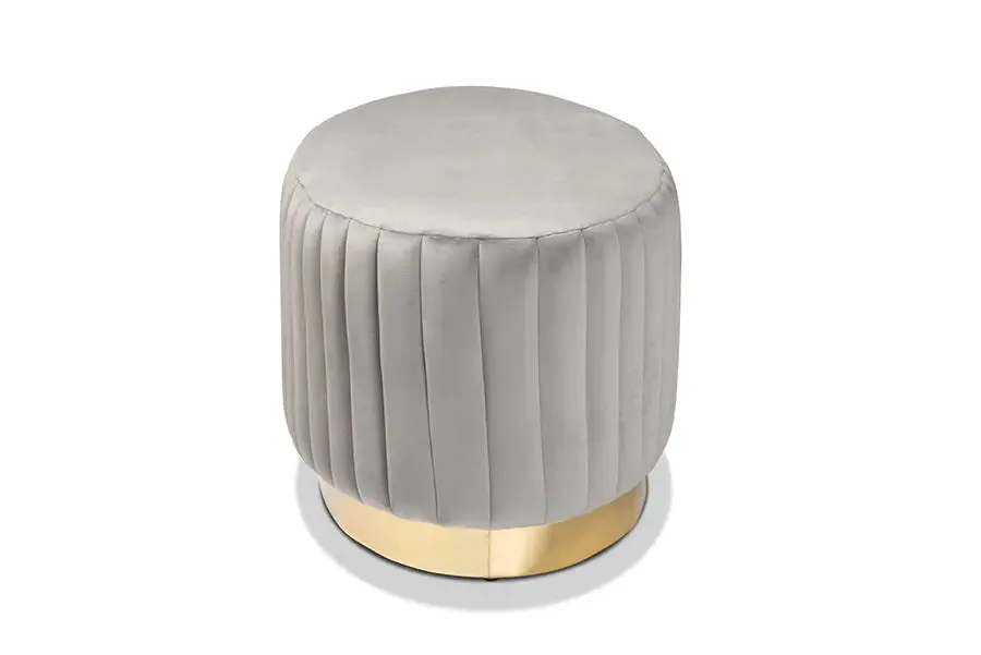 Geneva Grey Velvet Fabric Upholstered/Gold PU Leather Ottoman