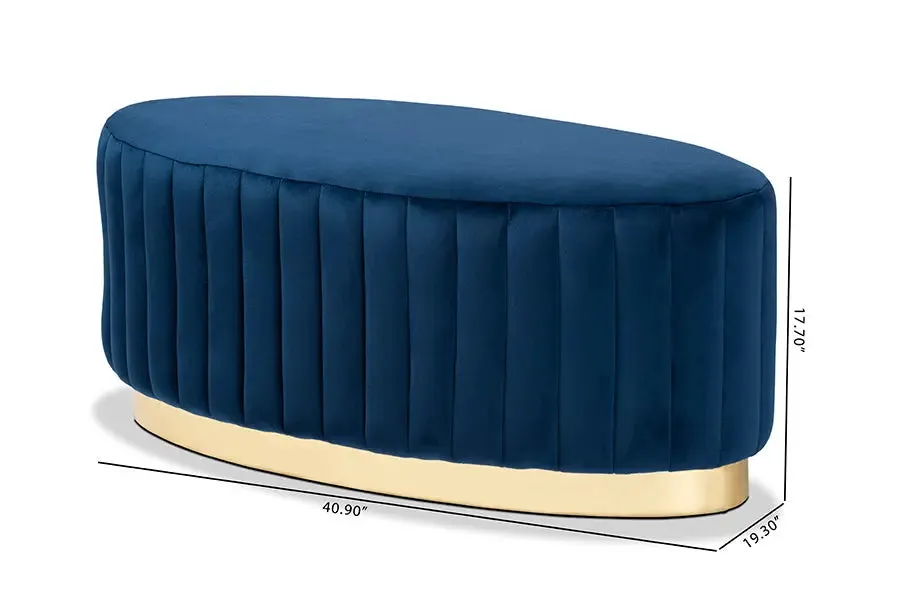 Geneva Navy Blue Velvet Fabric Upholstered/Gold PU Leather Ottoman