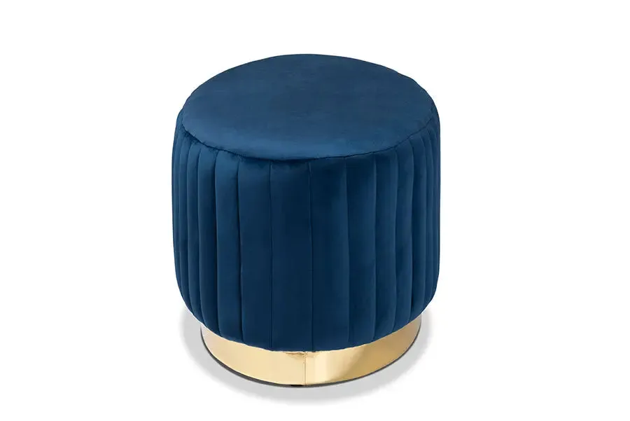 Geneva Navy Blue Velvet Fabric Upholstered/Gold PU Leather Ottoman