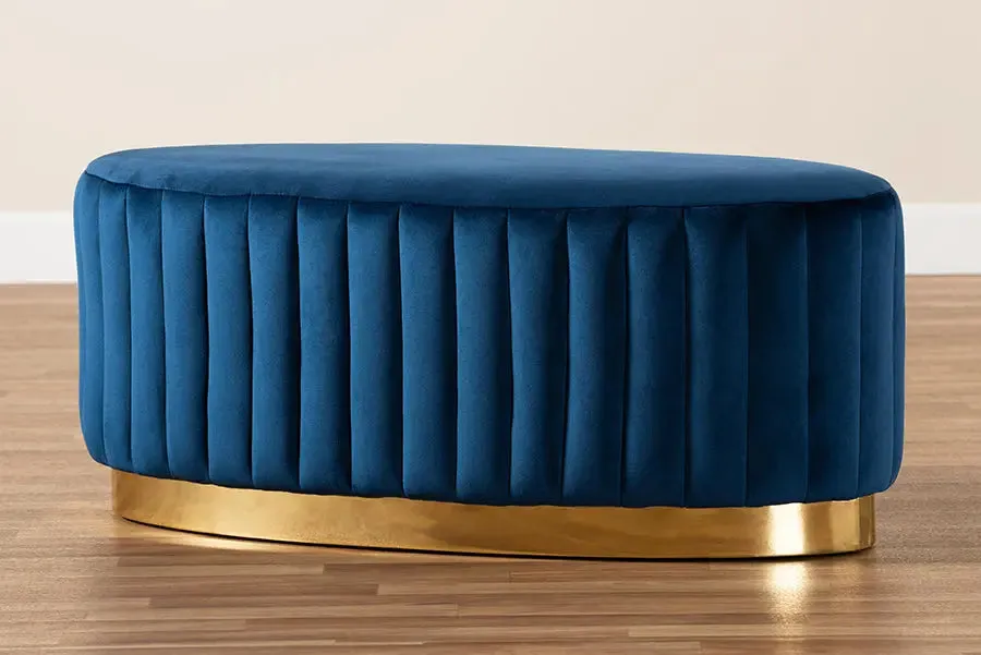 Geneva Navy Blue Velvet Fabric Upholstered/Gold PU Leather Ottoman