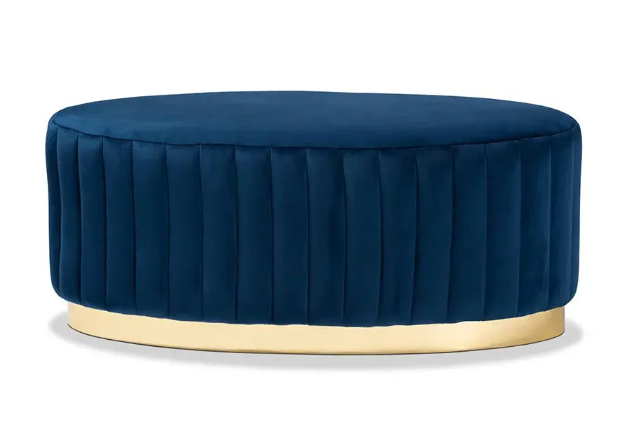 Geneva Navy Blue Velvet Fabric Upholstered/Gold PU Leather Ottoman