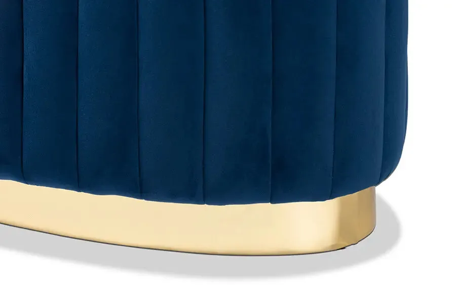 Geneva Navy Blue Velvet Fabric Upholstered/Gold PU Leather Ottoman