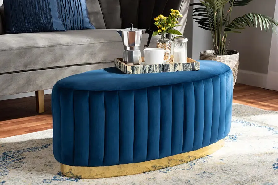 Geneva Navy Blue Velvet Fabric Upholstered/Gold PU Leather Ottoman