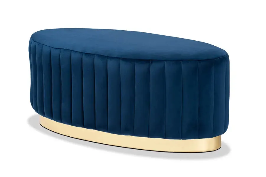 Geneva Navy Blue Velvet Fabric Upholstered/Gold PU Leather Ottoman