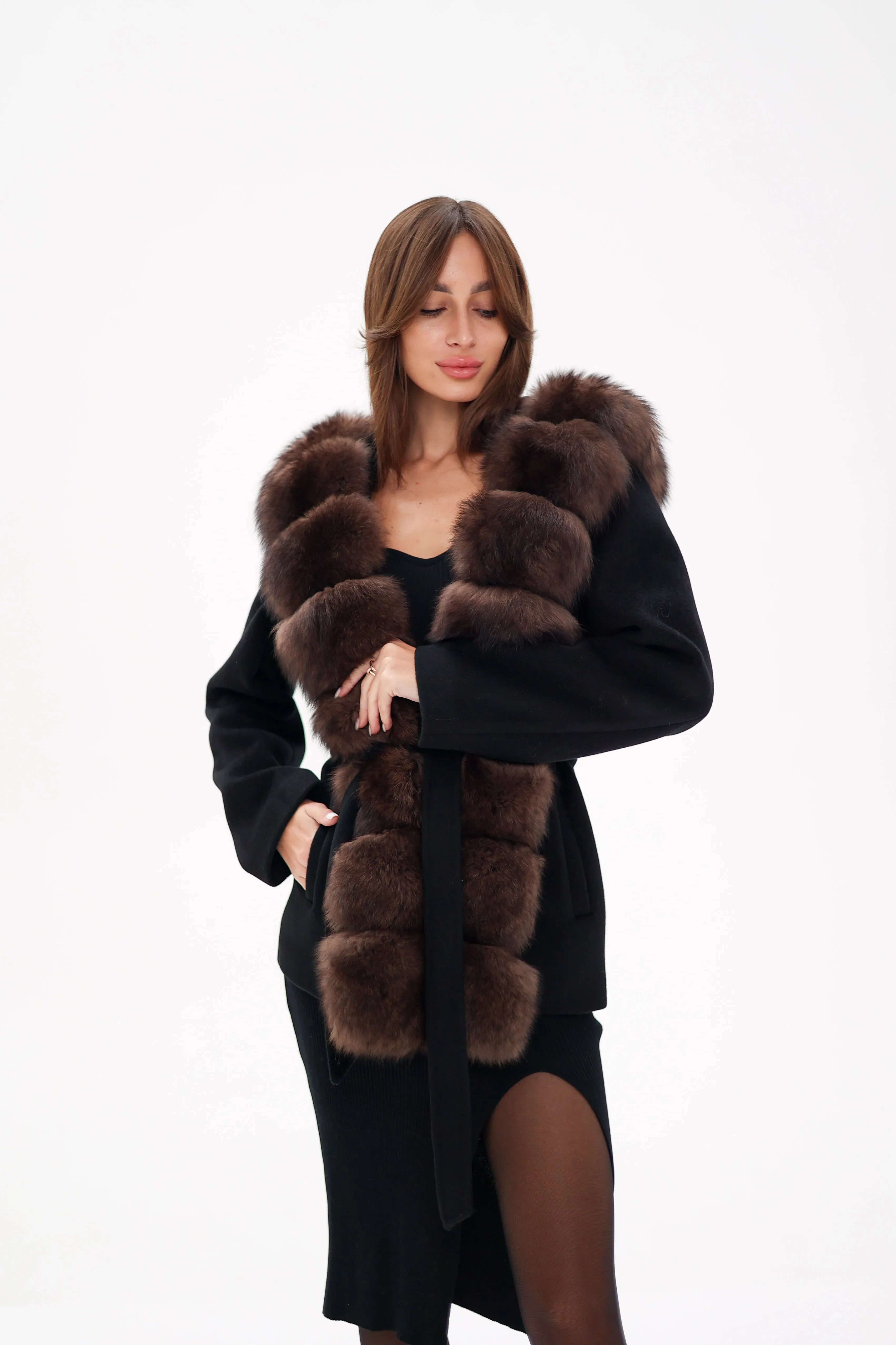 Genuine Polar Fox Fur Hooded Virgin Wool Coat