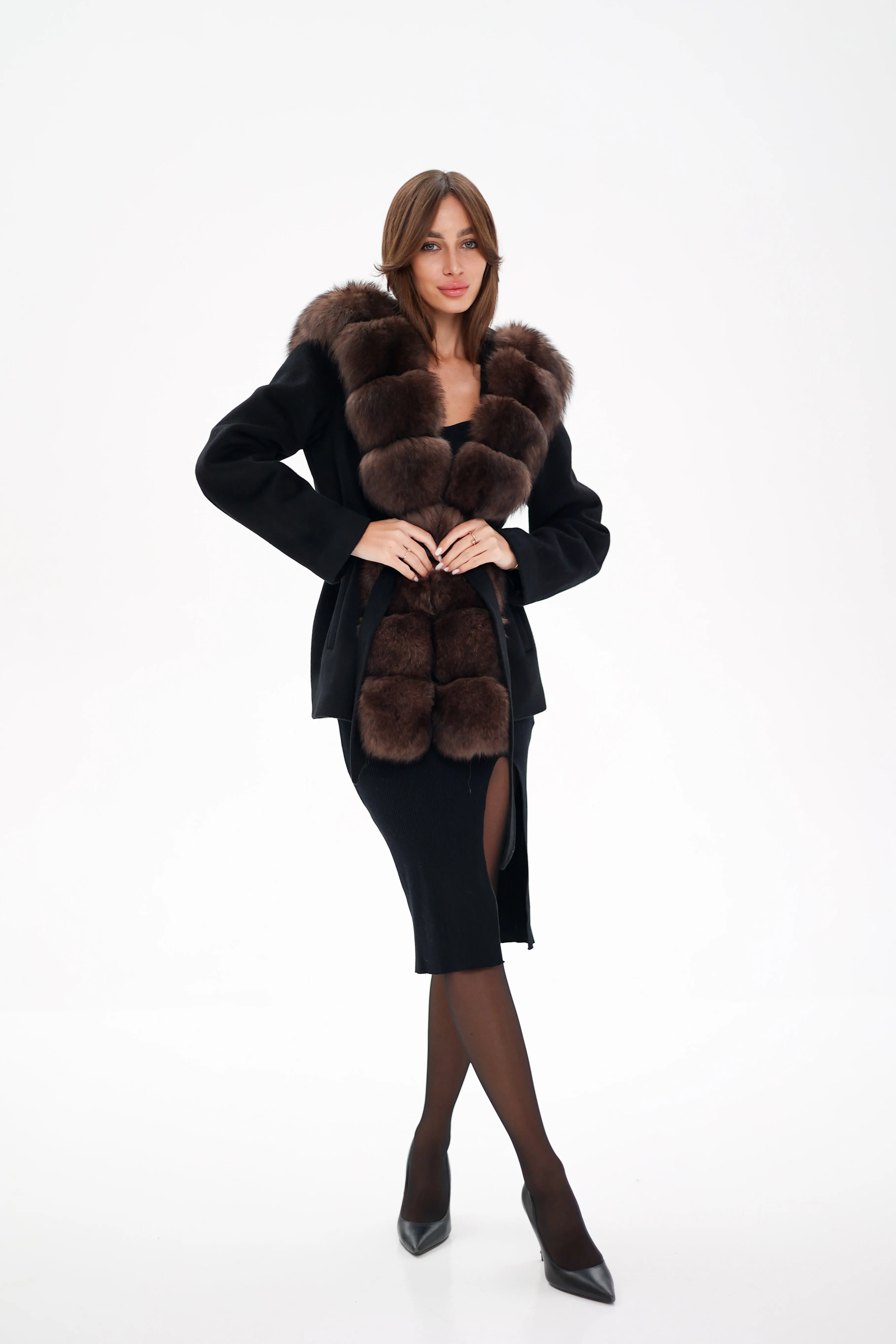 Genuine Polar Fox Fur Hooded Virgin Wool Coat