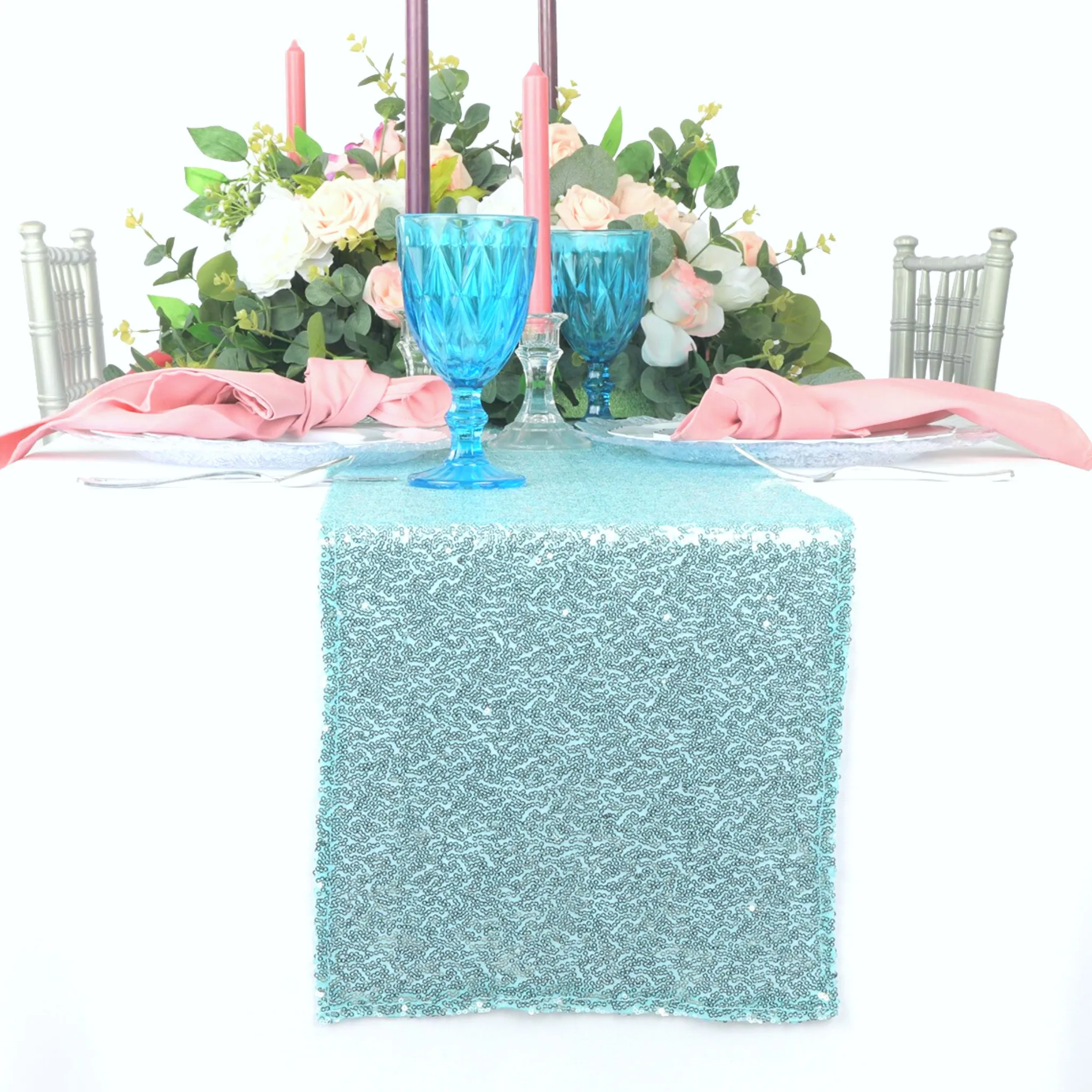 Glitz Sequin Mesh Net Table Runner 12"x108" - Baby Blue