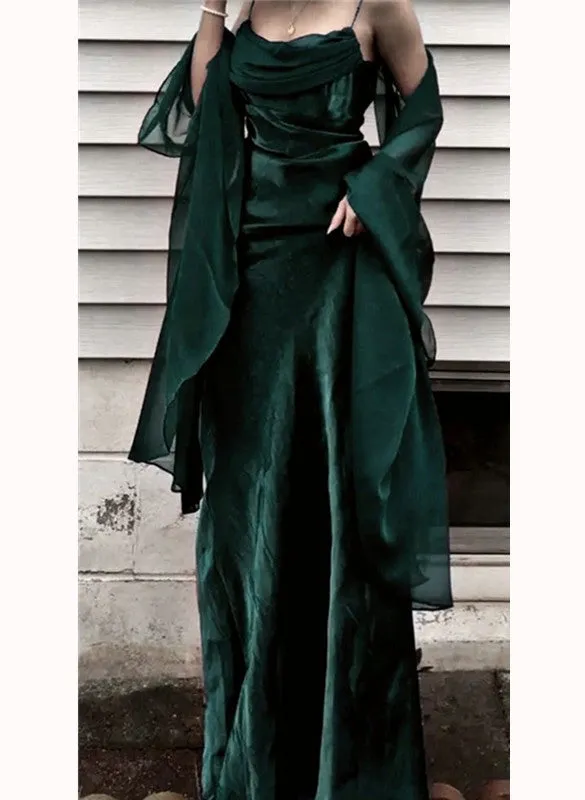 Green Straps Soft Satin Long Party Dress, Green Long Prom Dress Evening Dress