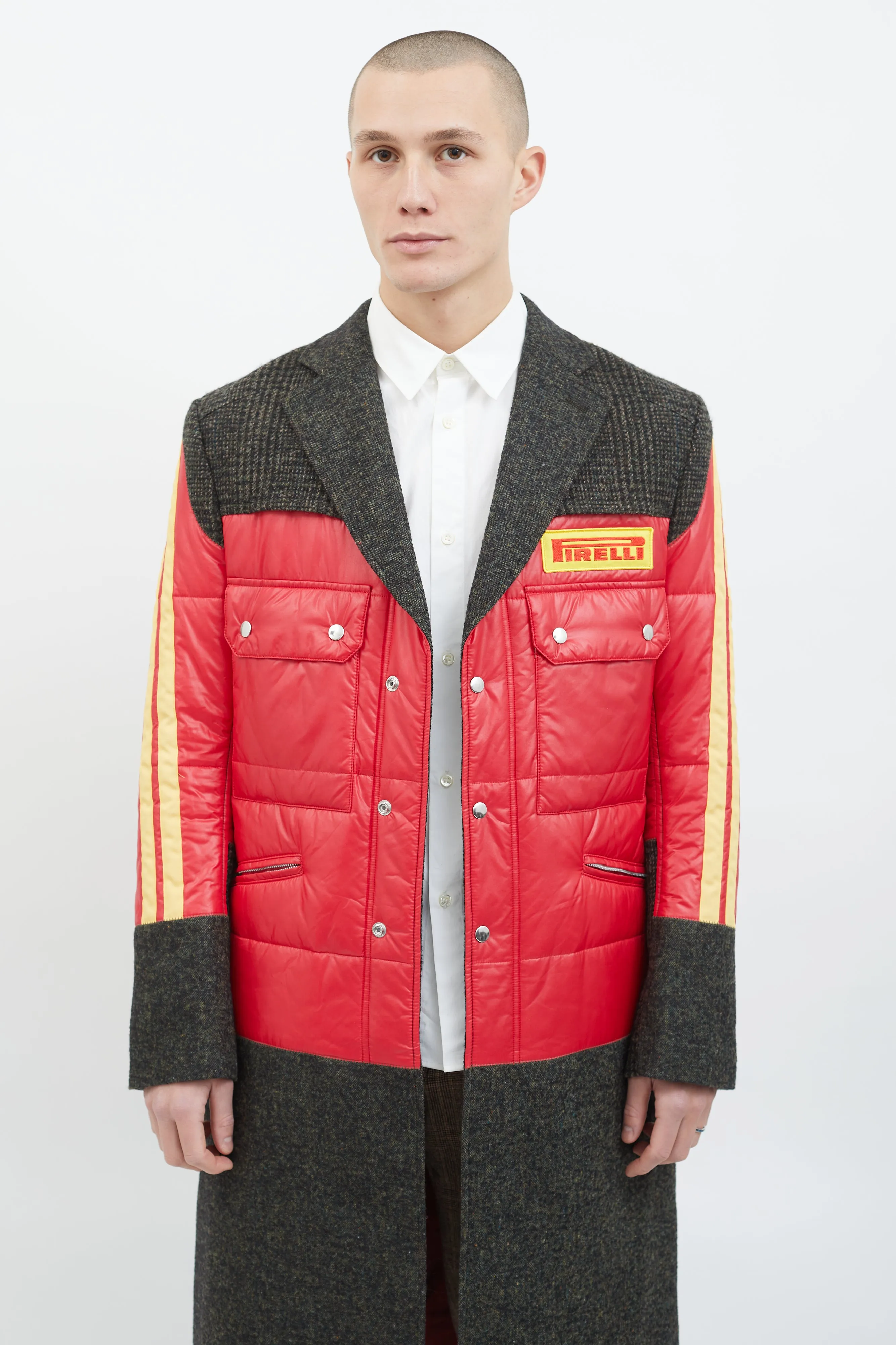 Grey Wool & Red Yellow Puffer Coat