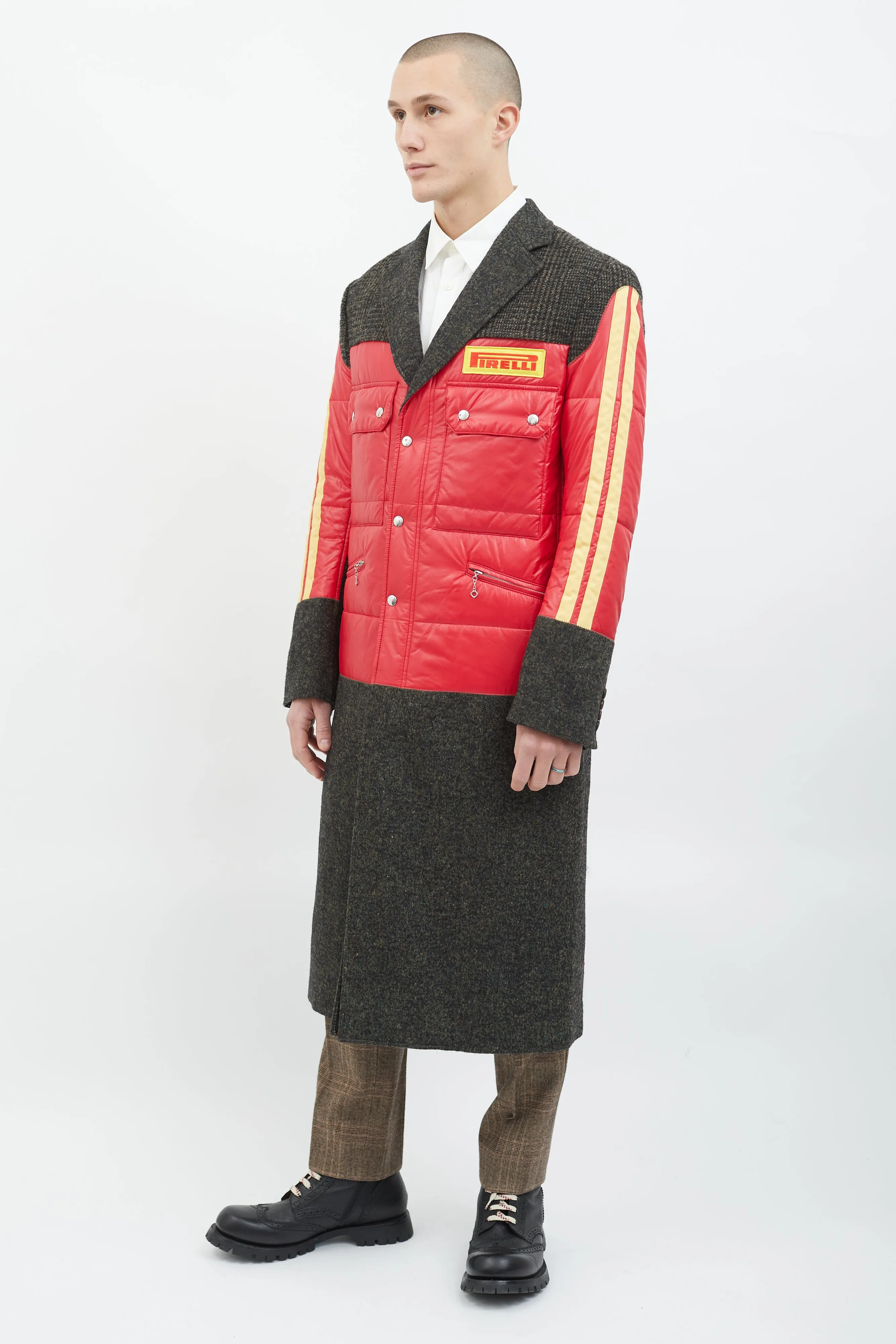 Grey Wool & Red Yellow Puffer Coat