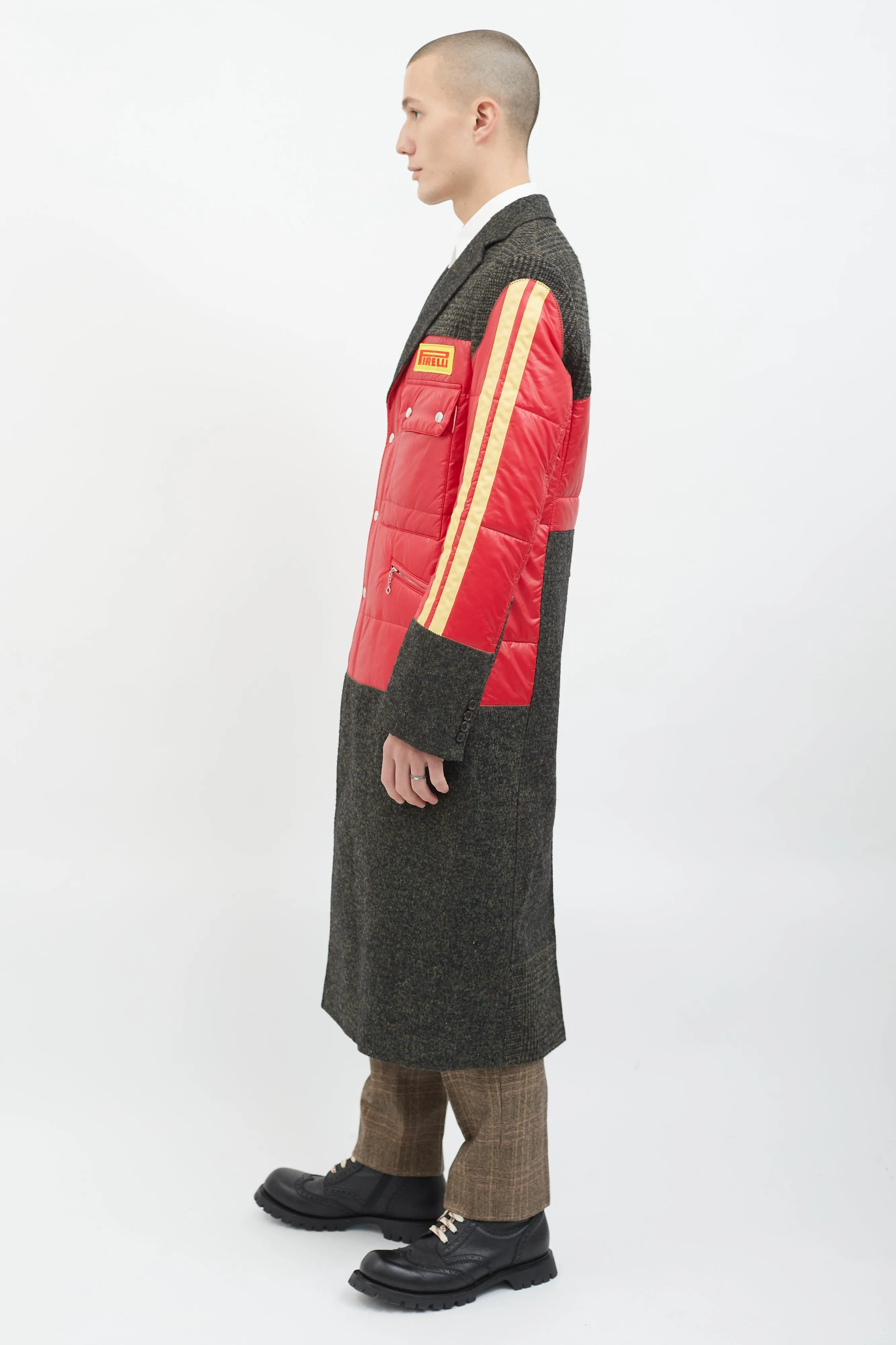 Grey Wool & Red Yellow Puffer Coat