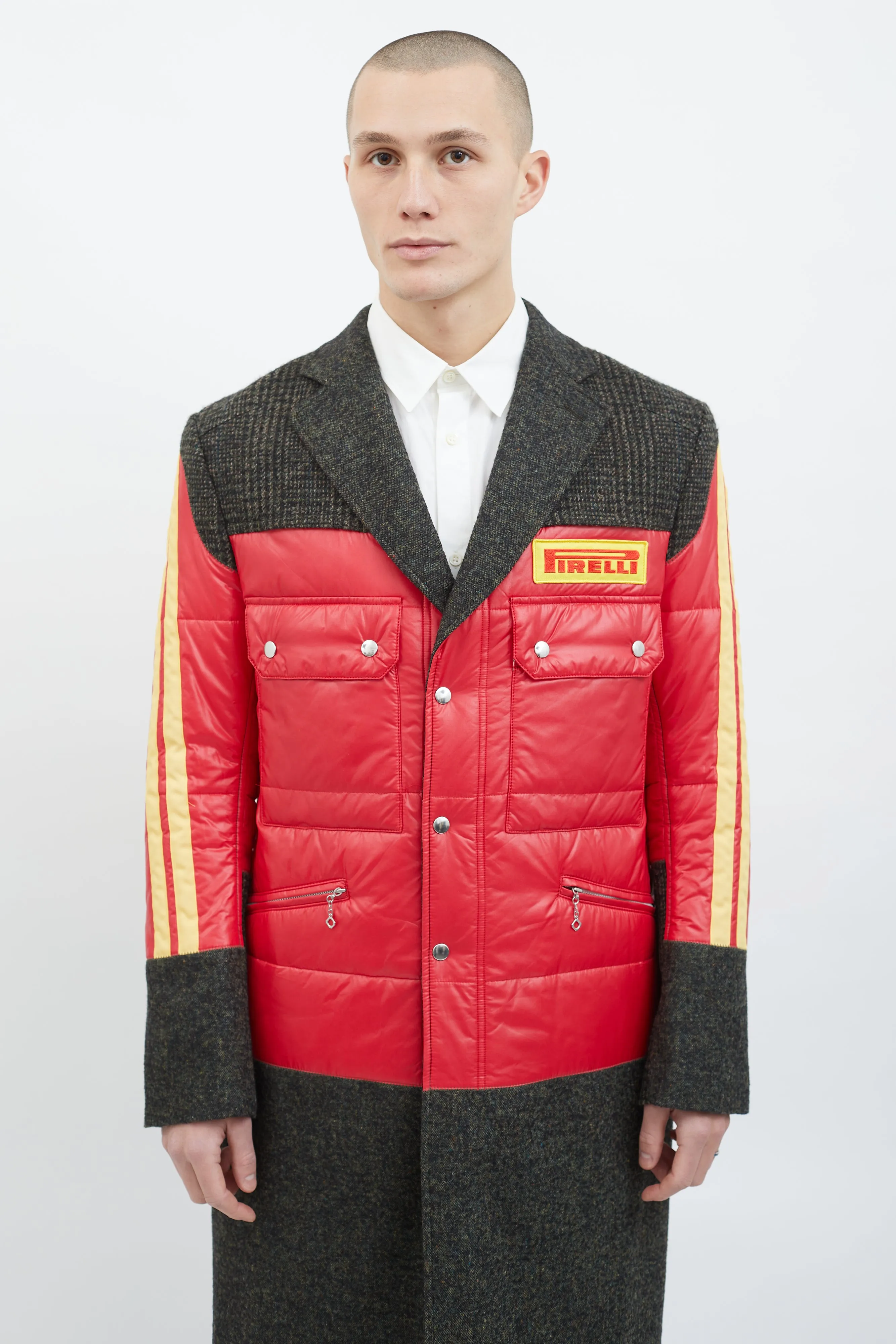 Grey Wool & Red Yellow Puffer Coat