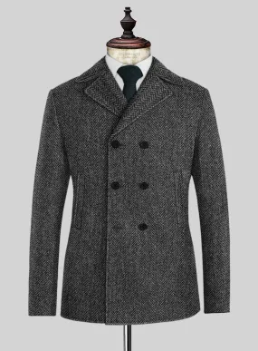 Harris Tweed Dark Gray Herringbone Pea Coat