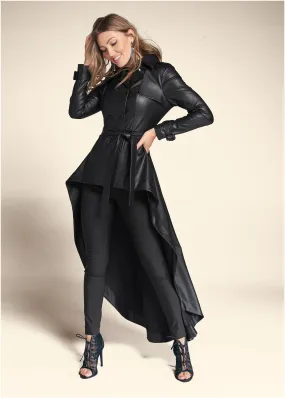 High-Low Faux-Leather Coat - Black