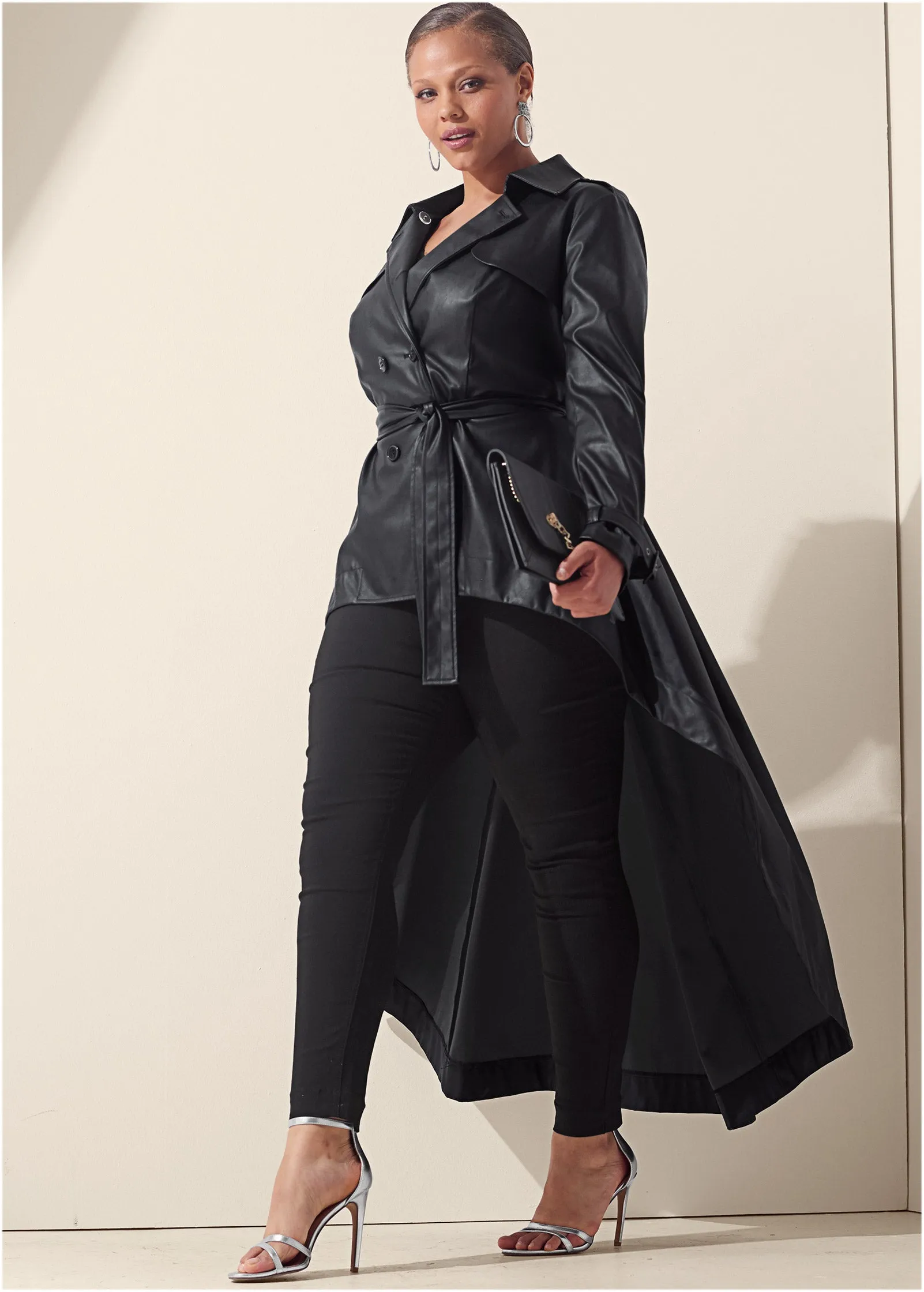 High-Low Faux-Leather Coat - Black