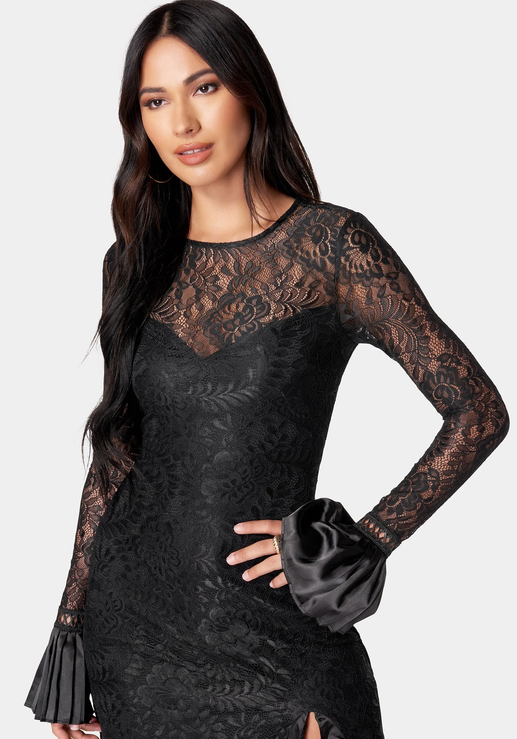 High Slit Bell Sleeve Lace Dress