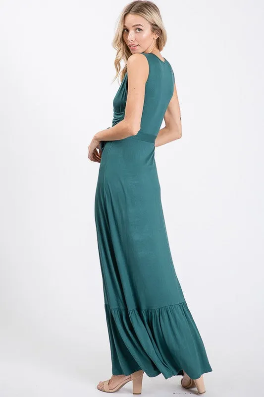 Hunter Green Faux Wrap Sleeveless Belted Casual Maxi Dress Womens