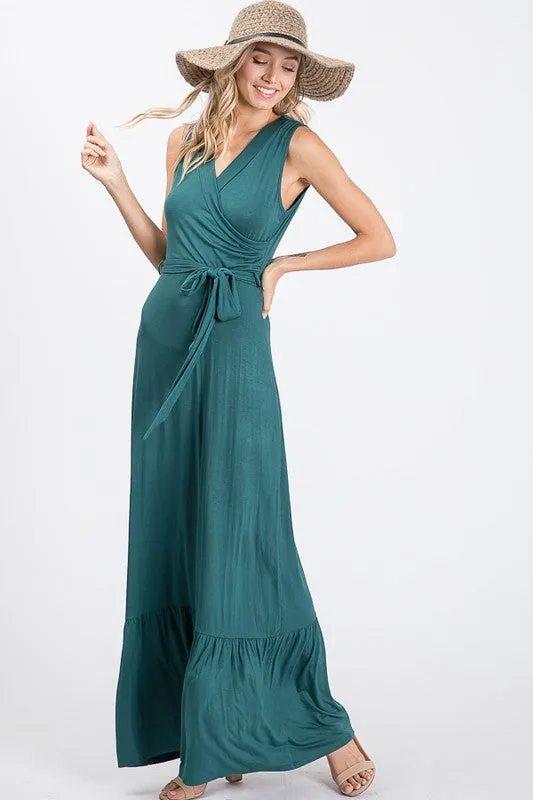 Hunter Green Faux Wrap Sleeveless Belted Casual Maxi Dress Womens