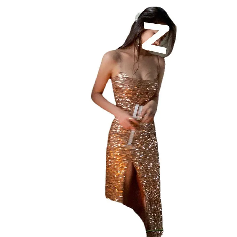 IKERRLAX Sexy Sling Dress in Stock Gold Sequin Sling Dress Shiny Evening Dress Skirt Light Luxury Minority