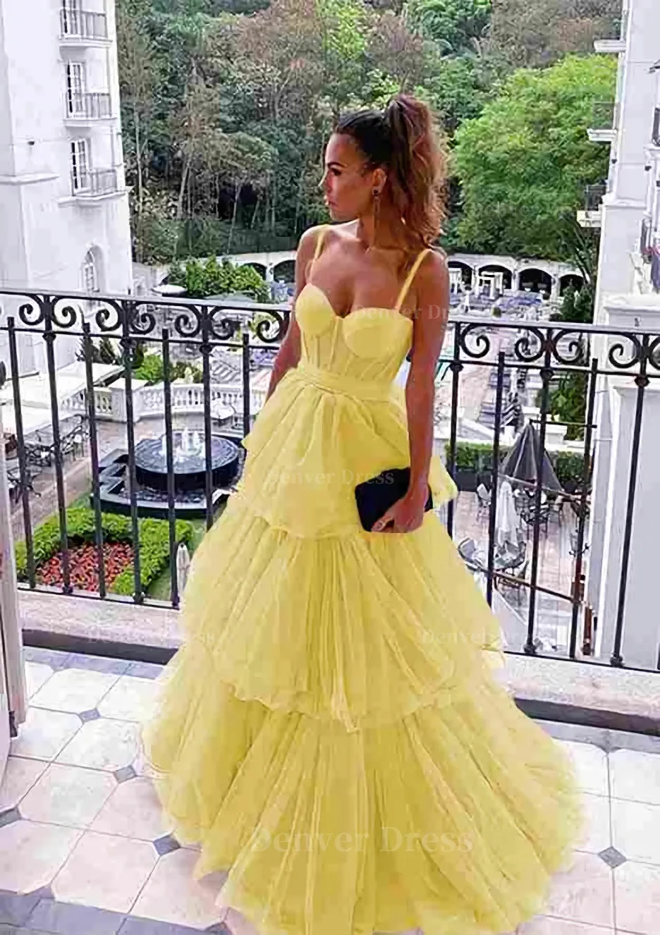 kamahe A-line Sweetheart Sleeveless Long/Floor-Length Tulle Prom Dresses With Ruffles