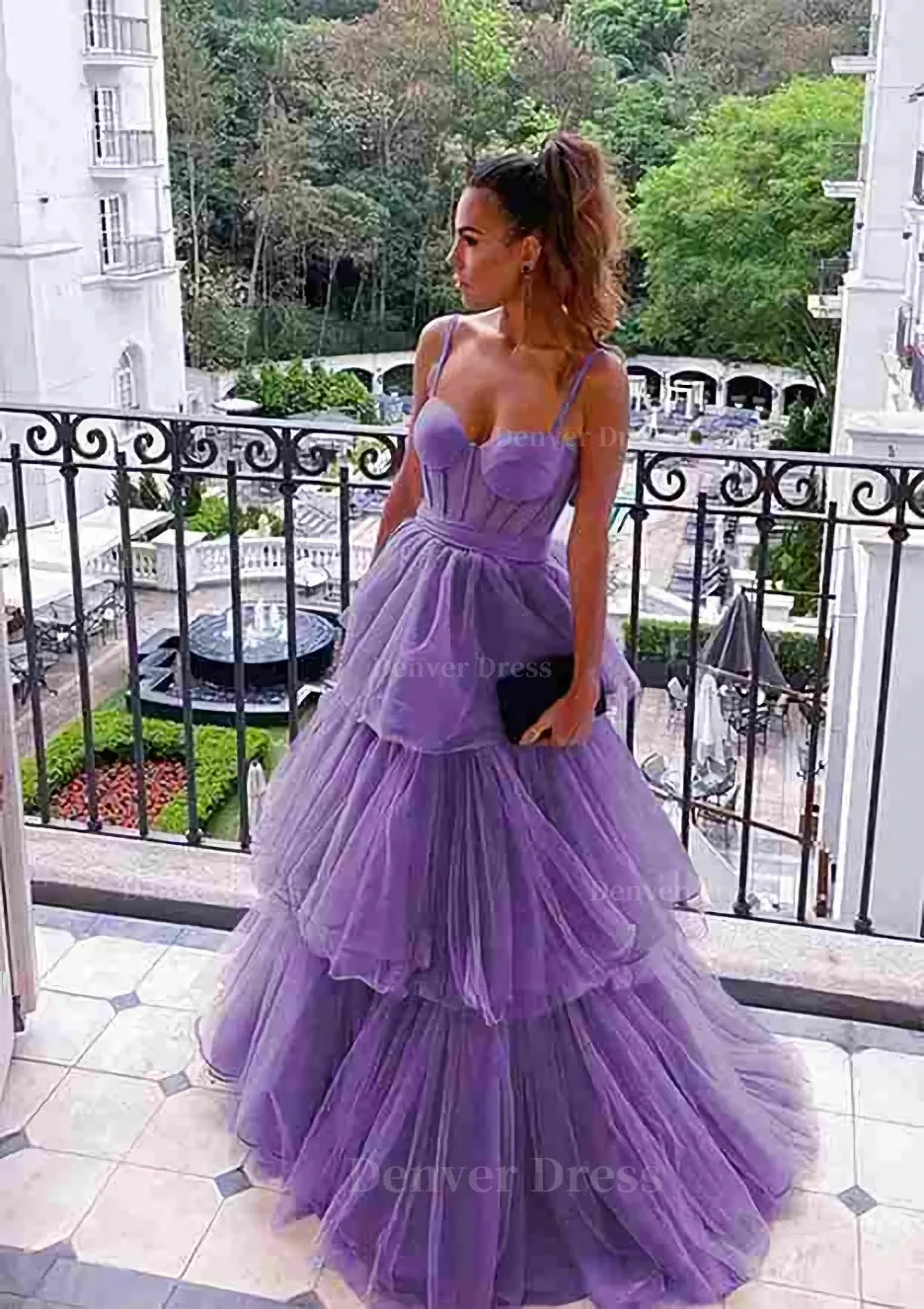 kamahe A-line Sweetheart Sleeveless Long/Floor-Length Tulle Prom Dresses With Ruffles