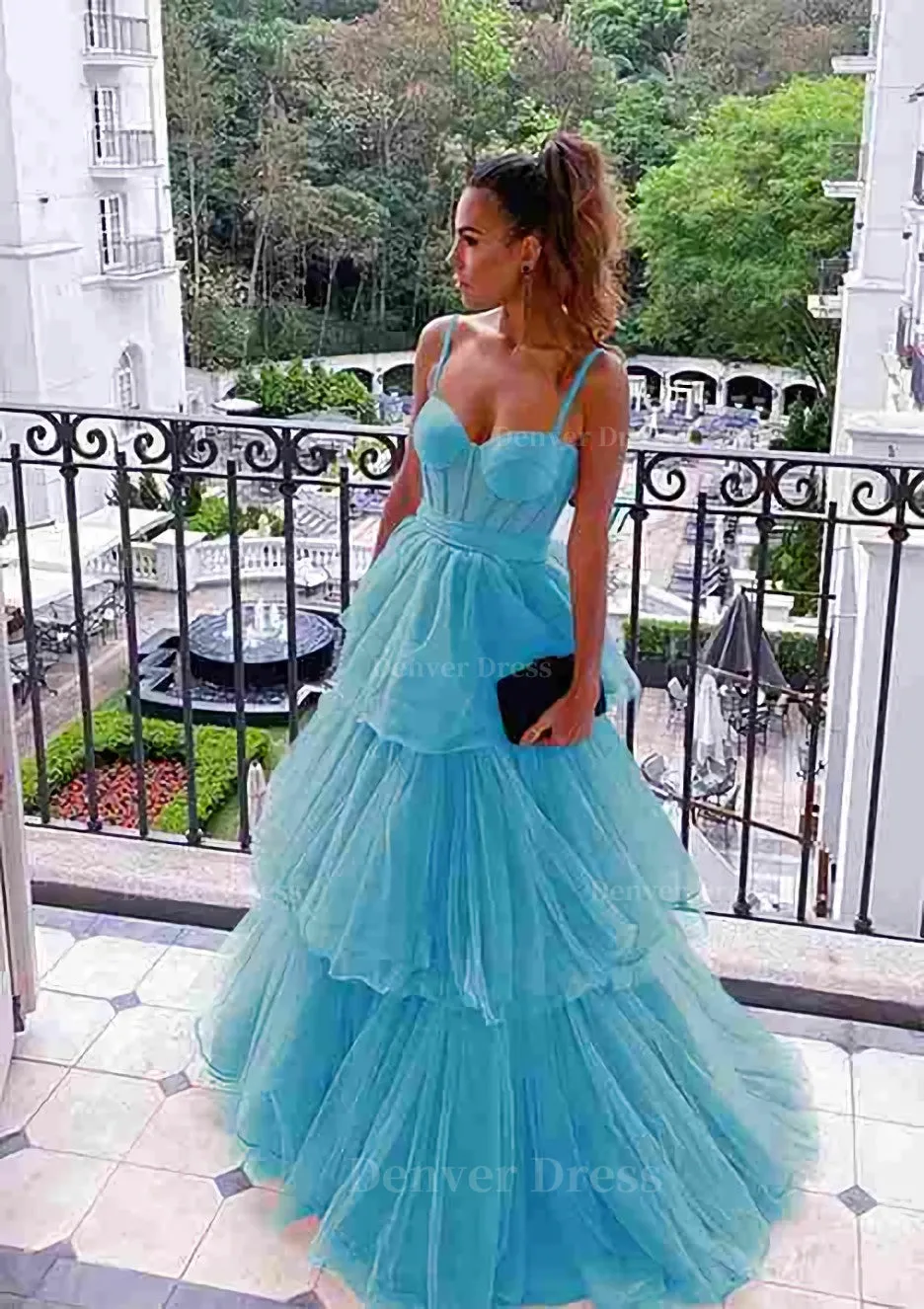 kamahe A-line Sweetheart Sleeveless Long/Floor-Length Tulle Prom Dresses With Ruffles