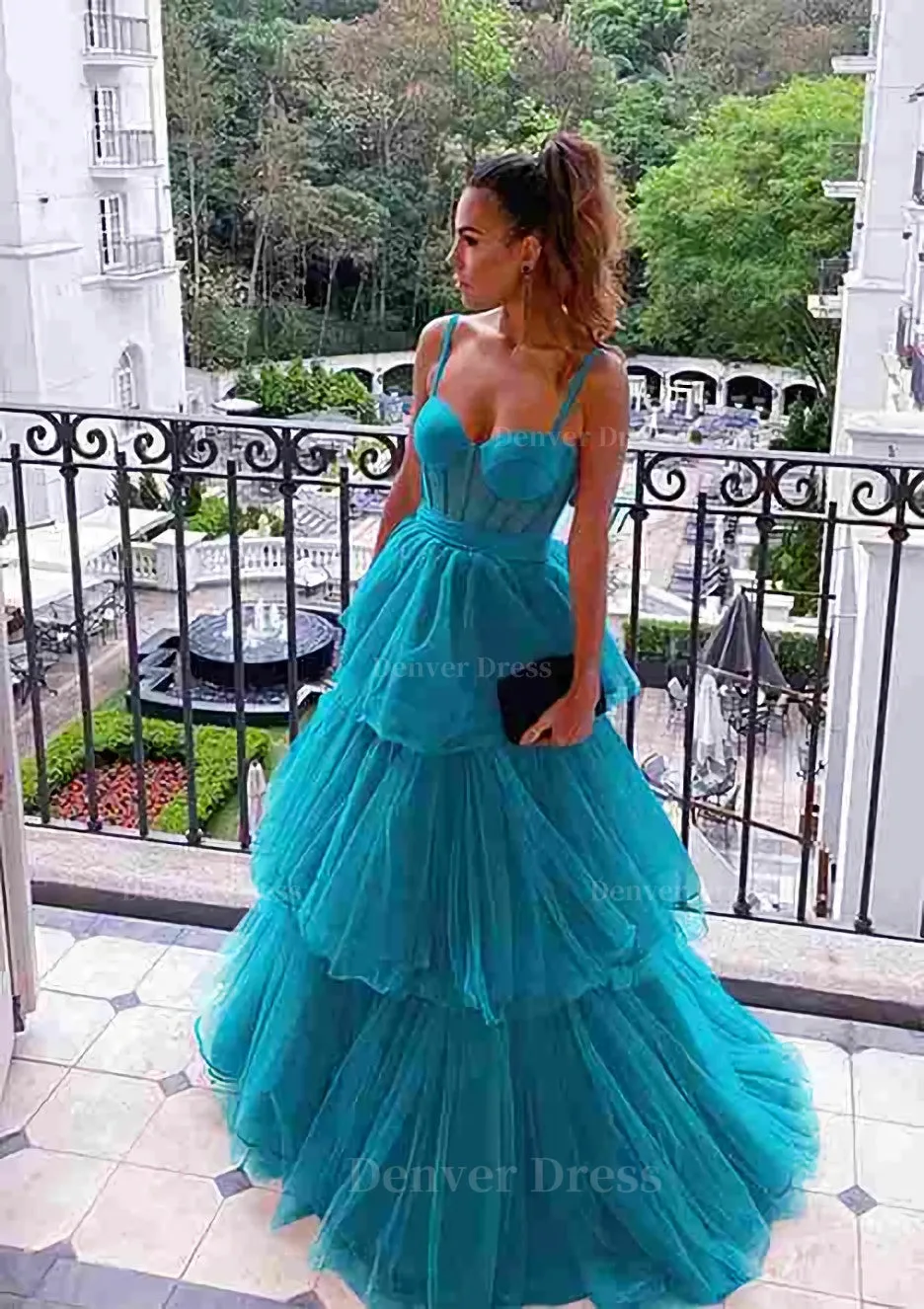 kamahe A-line Sweetheart Sleeveless Long/Floor-Length Tulle Prom Dresses With Ruffles