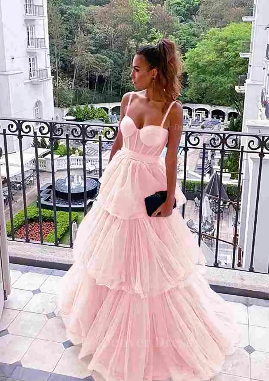 kamahe A-line Sweetheart Sleeveless Long/Floor-Length Tulle Prom Dresses With Ruffles