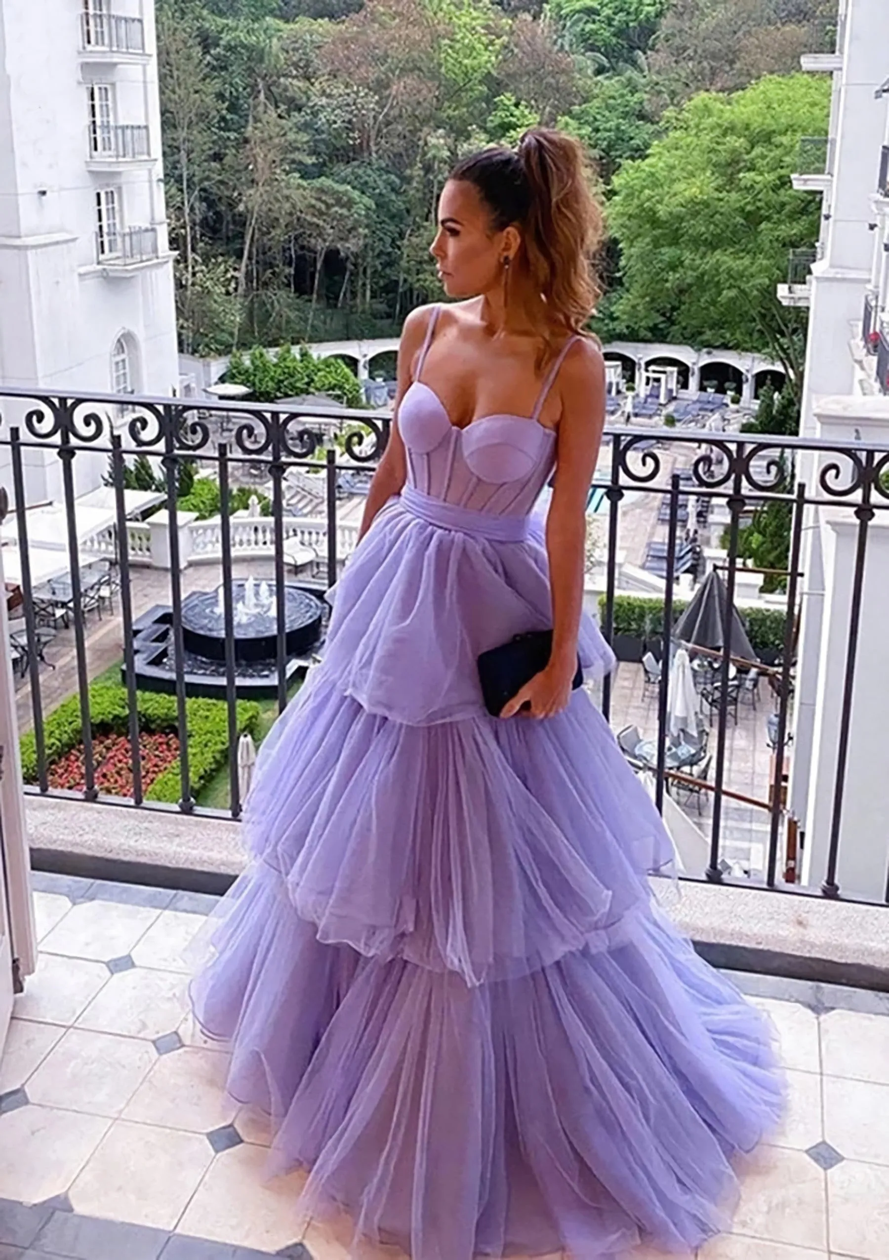 kamahe A-line Sweetheart Sleeveless Long/Floor-Length Tulle Prom Dresses With Ruffles