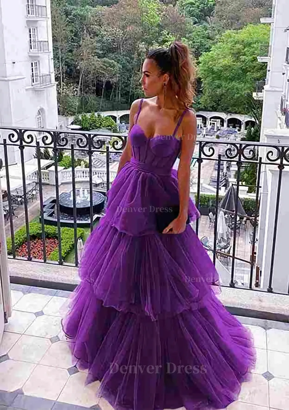 kamahe A-line Sweetheart Sleeveless Long/Floor-Length Tulle Prom Dresses With Ruffles