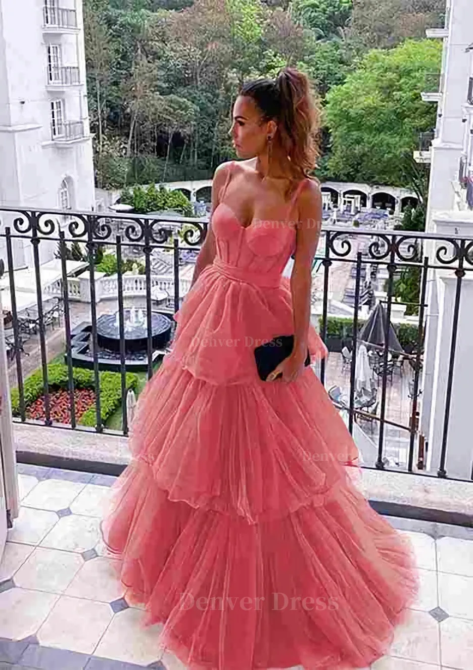 kamahe A-line Sweetheart Sleeveless Long/Floor-Length Tulle Prom Dresses With Ruffles