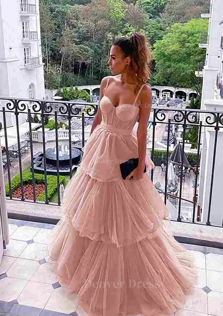 kamahe A-line Sweetheart Sleeveless Long/Floor-Length Tulle Prom Dresses With Ruffles