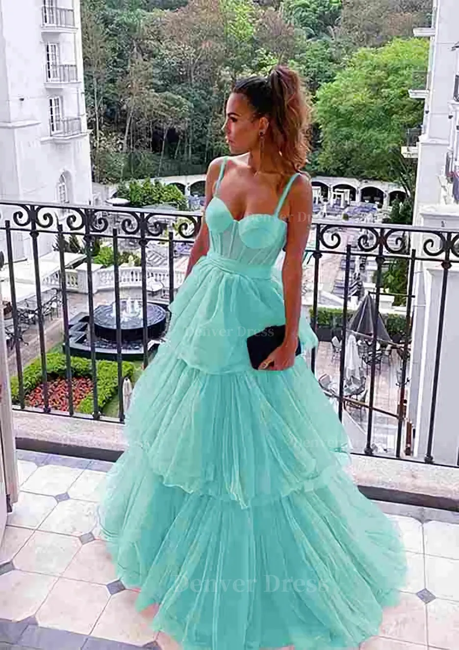 kamahe A-line Sweetheart Sleeveless Long/Floor-Length Tulle Prom Dresses With Ruffles