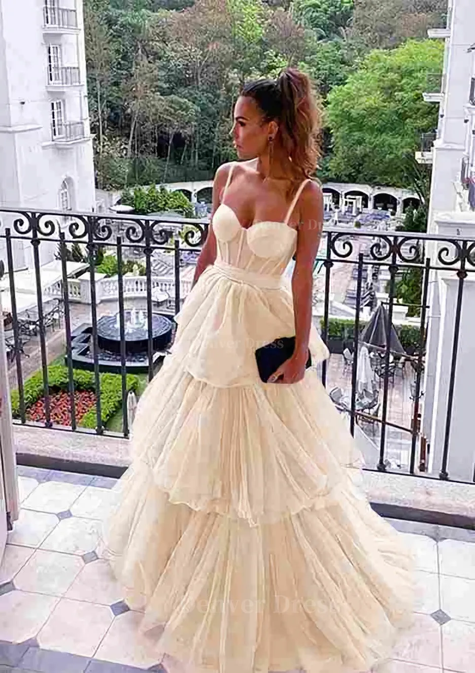 kamahe A-line Sweetheart Sleeveless Long/Floor-Length Tulle Prom Dresses With Ruffles