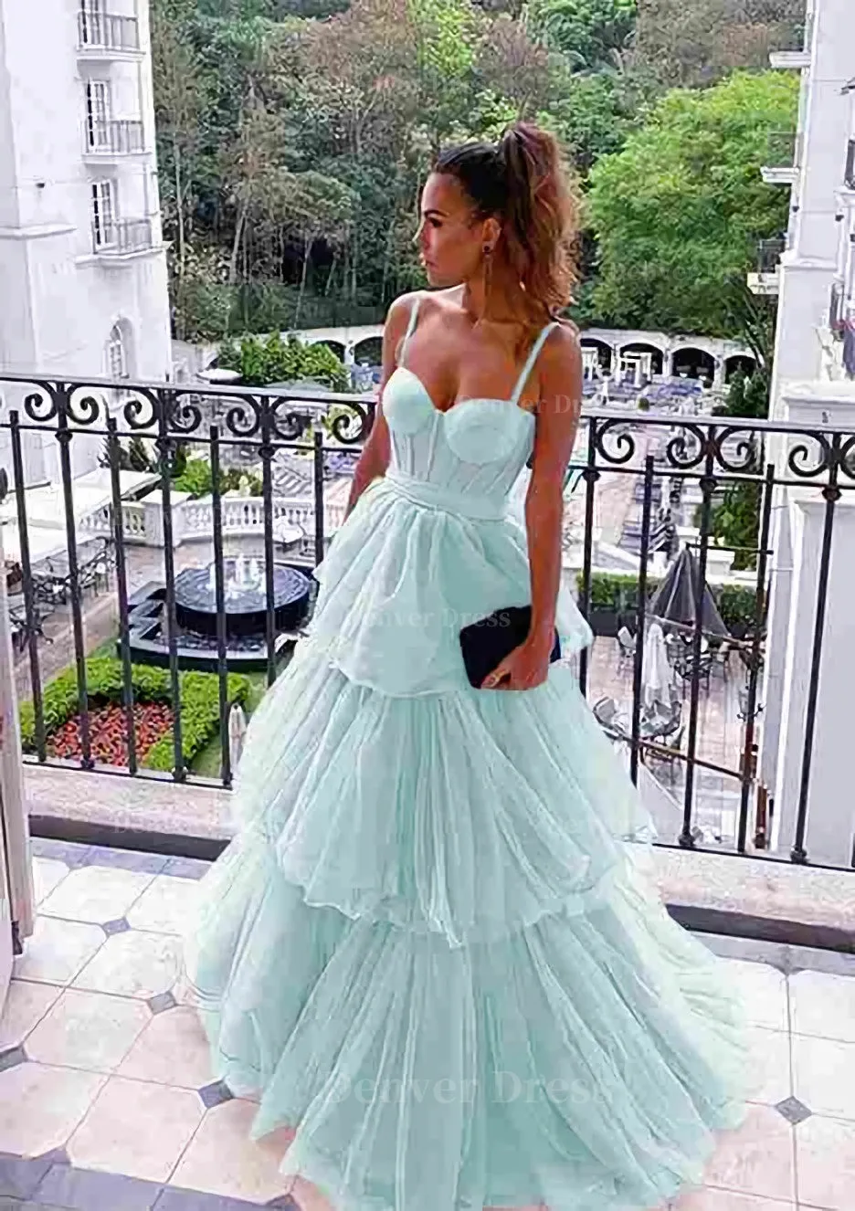 kamahe A-line Sweetheart Sleeveless Long/Floor-Length Tulle Prom Dresses With Ruffles