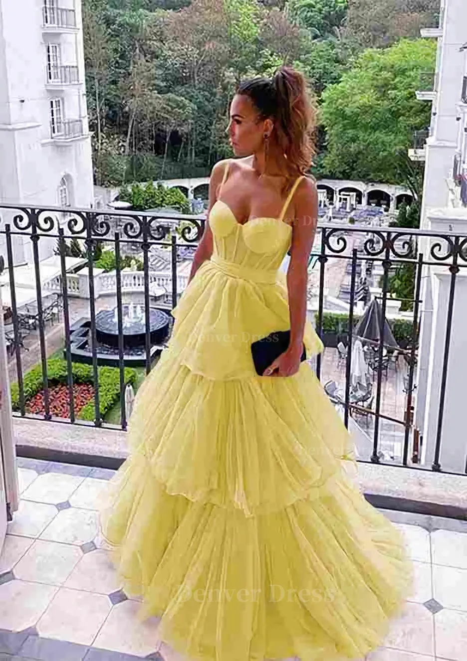 kamahe A-line Sweetheart Sleeveless Long/Floor-Length Tulle Prom Dresses With Ruffles