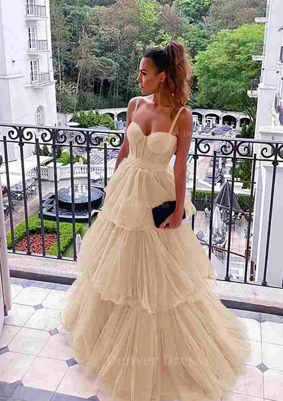 kamahe A-line Sweetheart Sleeveless Long/Floor-Length Tulle Prom Dresses With Ruffles