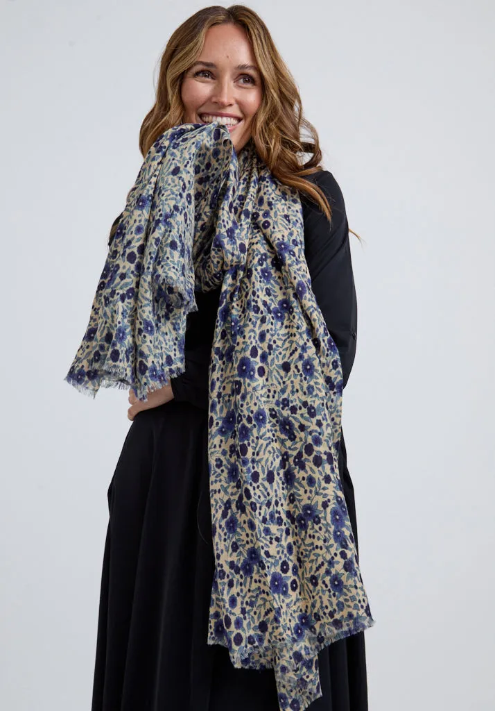 Karen Oversized Aster Floral Scarf In Blue