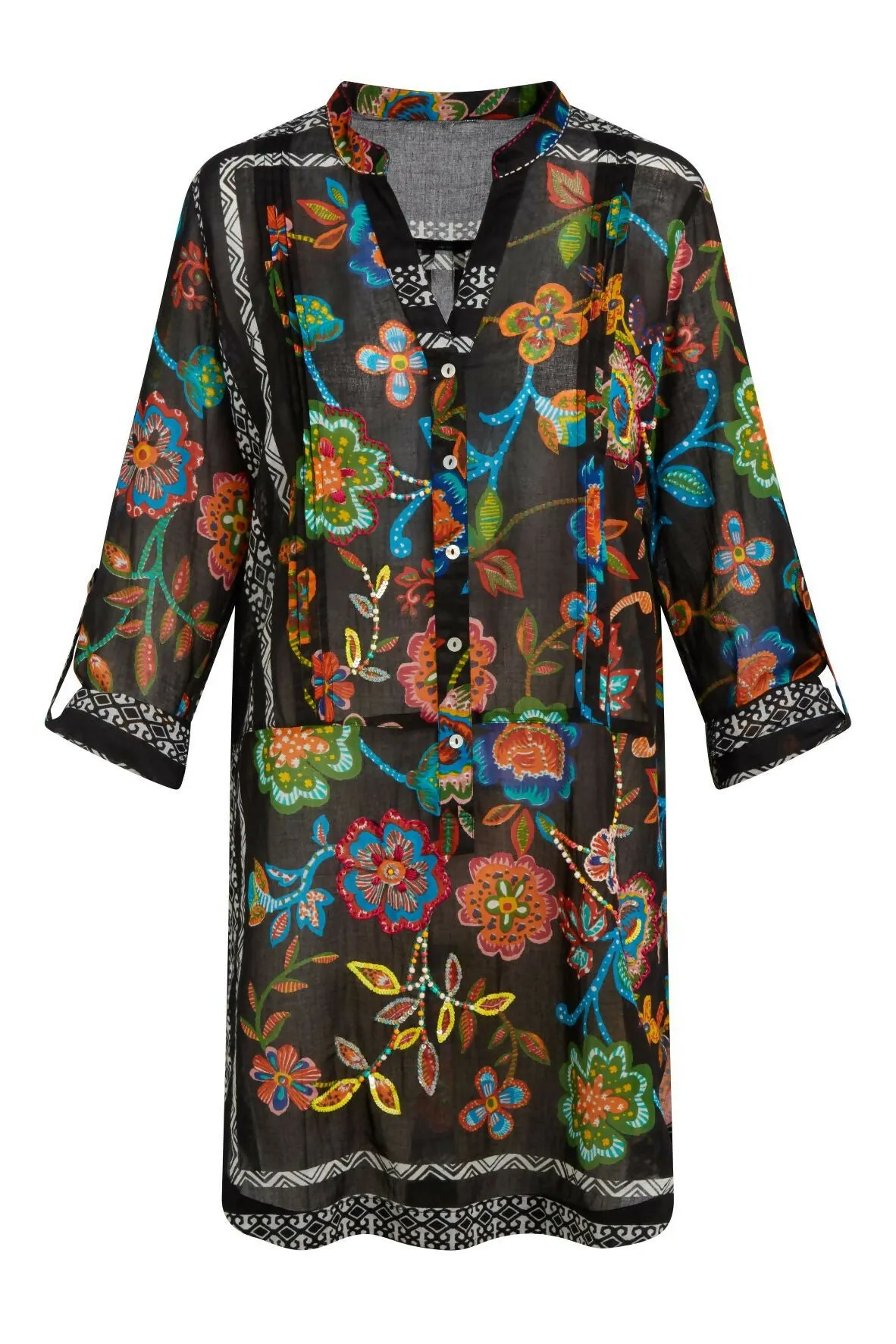 KikiSol Artisan Black Embellished Floral Tunic